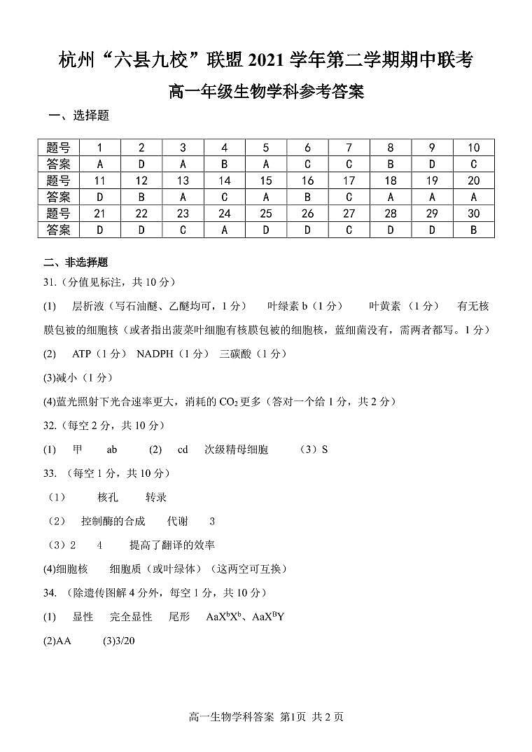 2022杭州“六县九校”联盟高一下学期期中联考试题生物含答案01