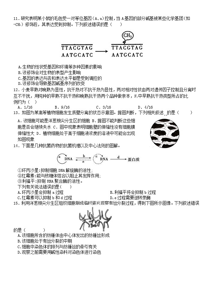 2022杭州“六县九校”联盟高一下学期期中联考试题生物含答案03