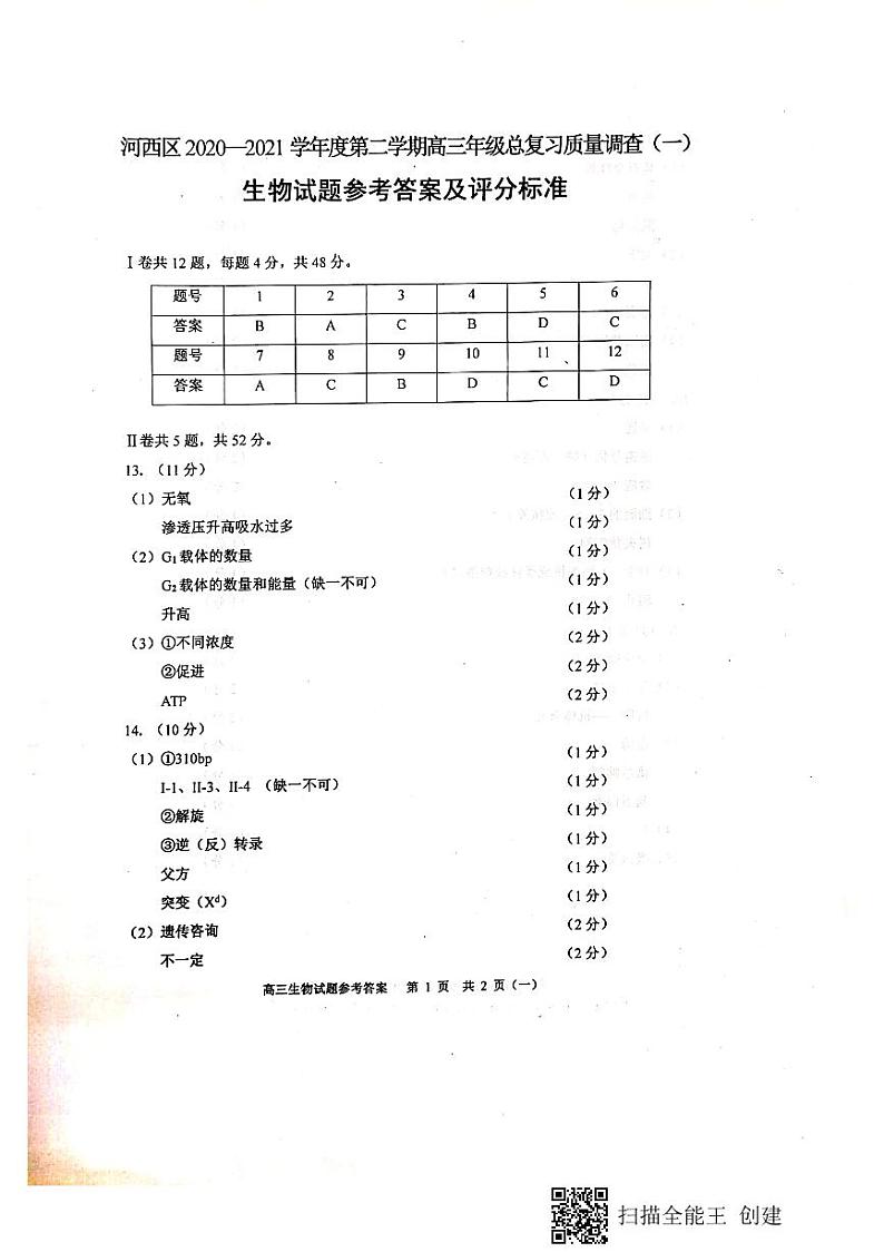 2021届天津市河西区高三下学期一模生物卷+答案01