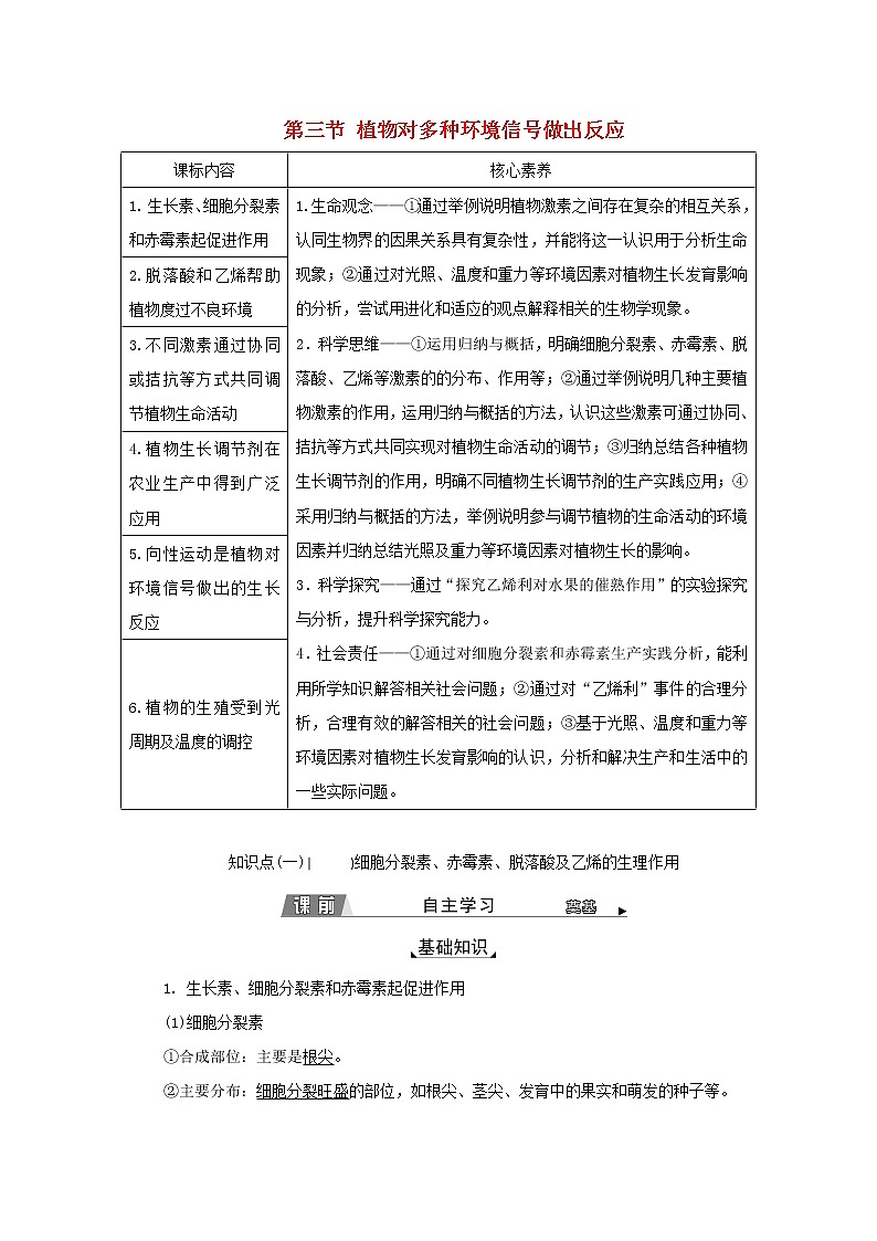 2022年新教材高中生物第五章植物生命活动的调节第二节植物激素调节植物生命活动第三节植物对多种环境信号做出反应学案浙科版选择性必修1第1页