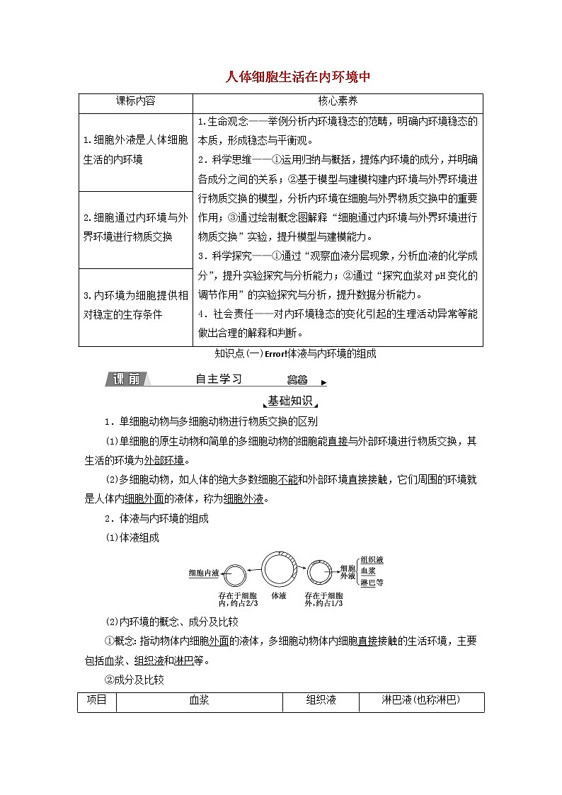 2022年新教材高中生物第一章内环境与稳态第一节人体细胞生活在内环境中学案浙科版选择性必修1第1页