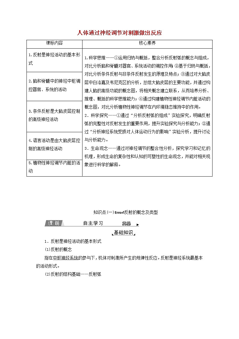 2022年新教材高中生物第二章神经调节第三节人体通过神经调节对刺激做出反应学案浙科版选择性必修101