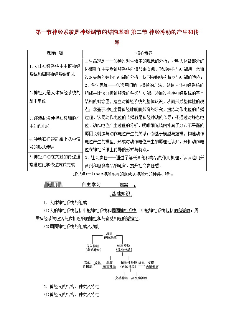 2022年新教材高中生物第二章神经调节第一节神经系统是神经调节的结构基础第二节神经冲动的产生和传导学案浙科版选择性必修101