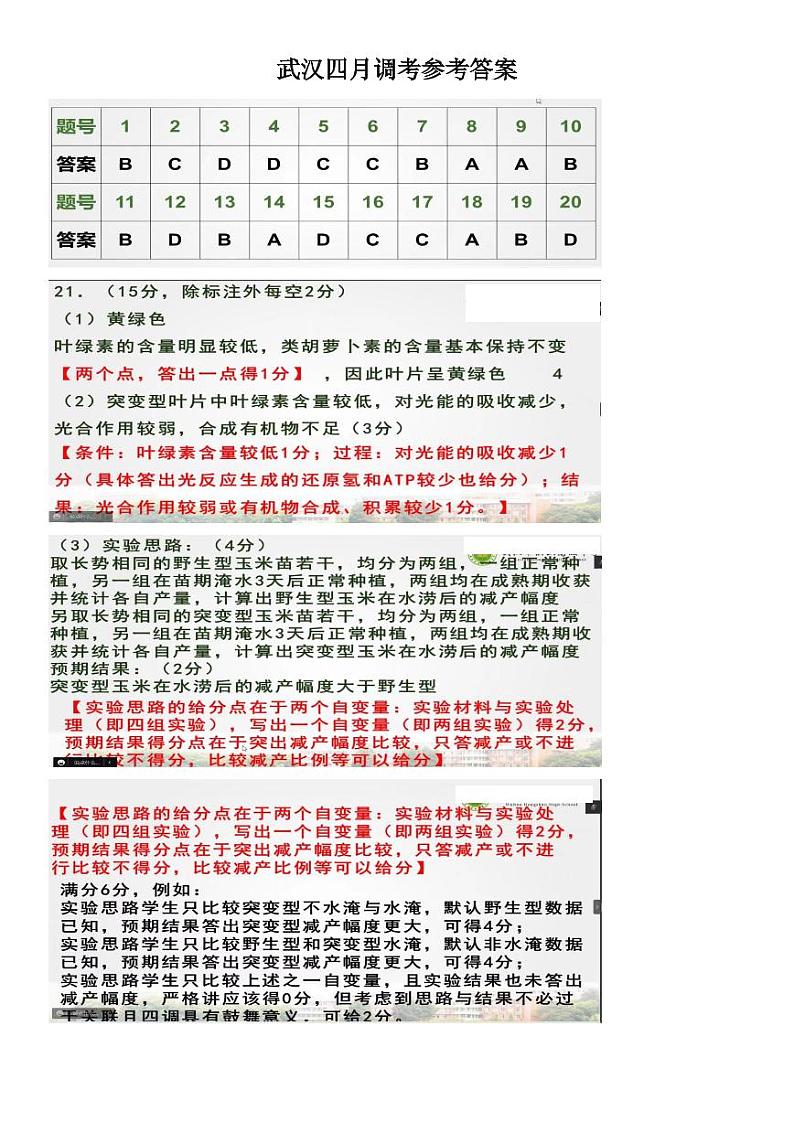 武汉四月调考生物参考答案第1页