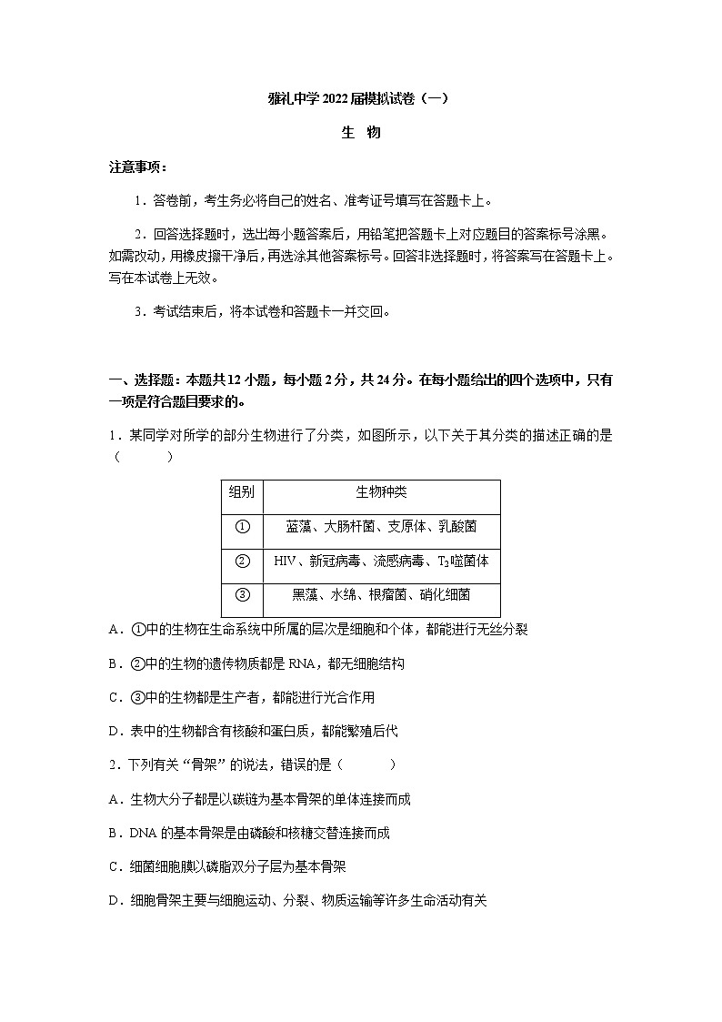 2022届湖南省长沙市雅礼中学高三下学期一模考试生物试题及答案第1页