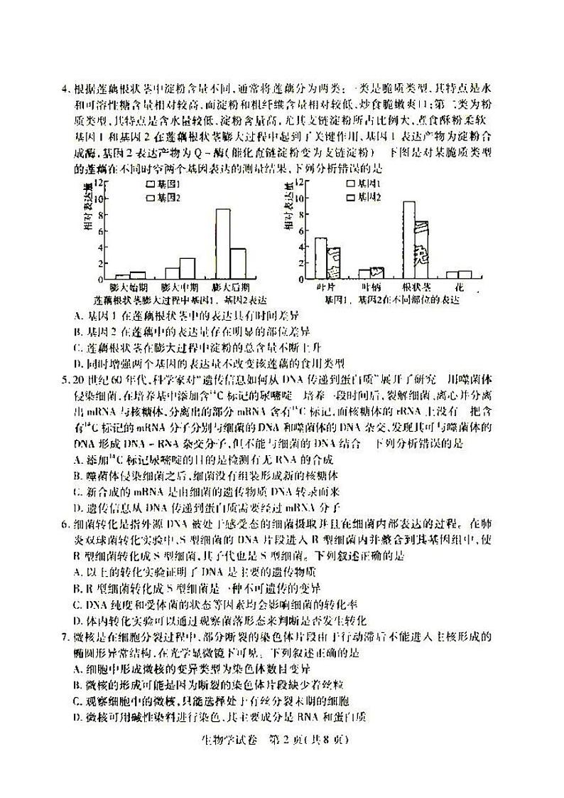 2022年武汉市高中毕业生四月调研考试生物试题含答案第2页