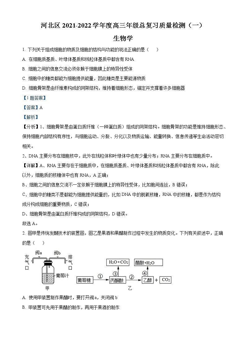 2022届天津市河北区高三（下）总复习质量检测（一）生物试题及答案01