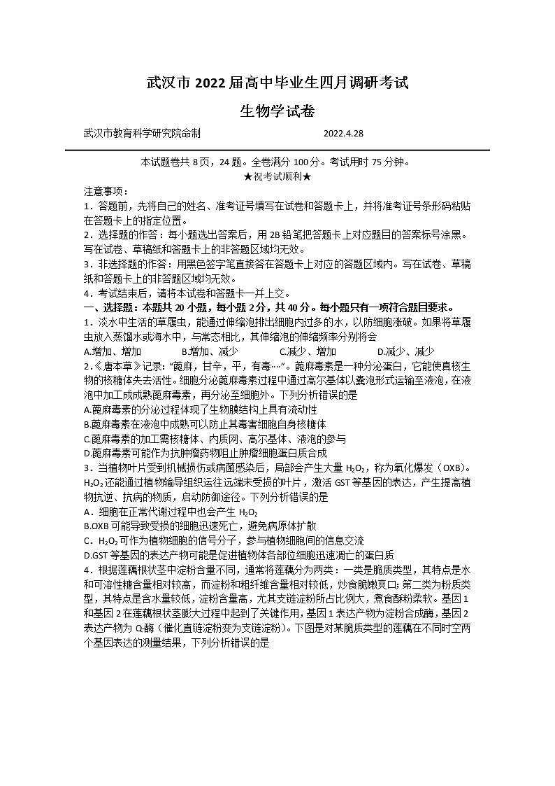 2022武汉高三下学期4月调研考试生物含答案01
