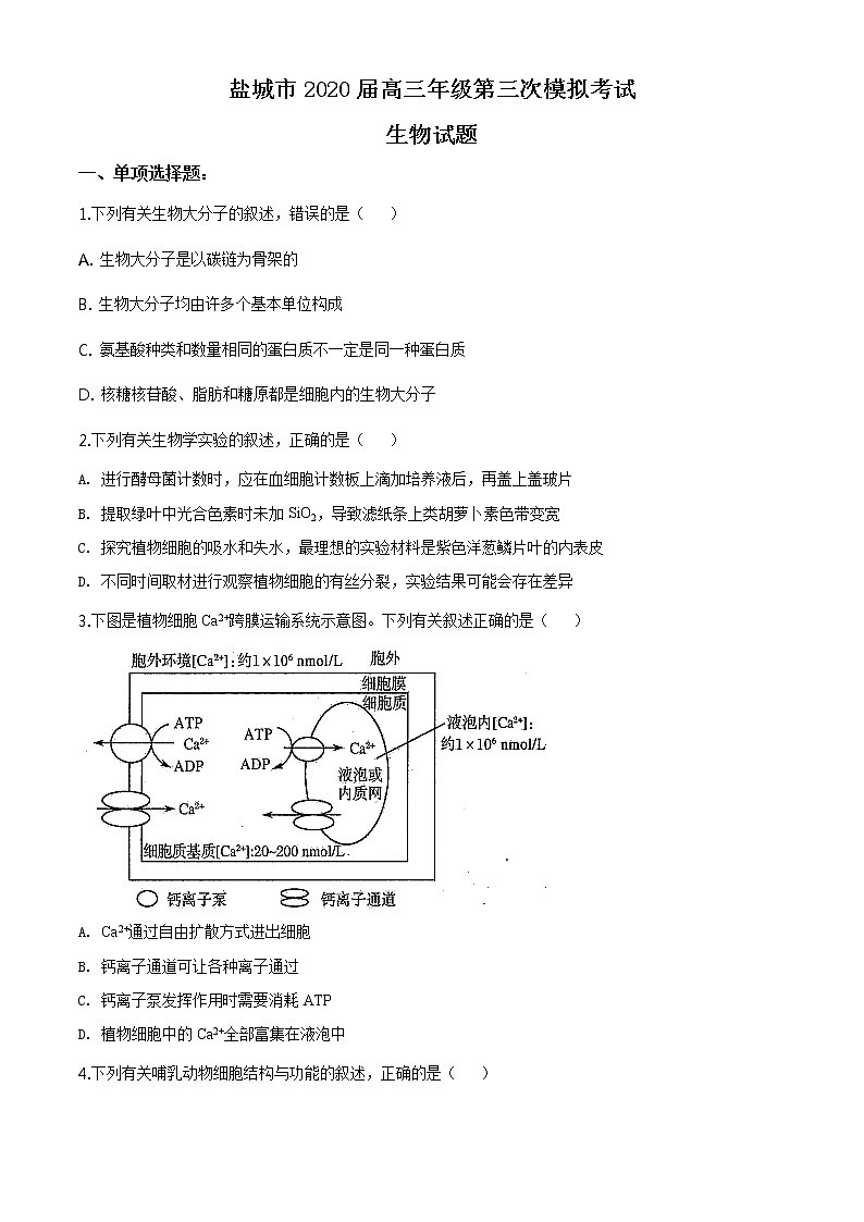 2020届江苏省盐城市高三三模生物卷+答案01