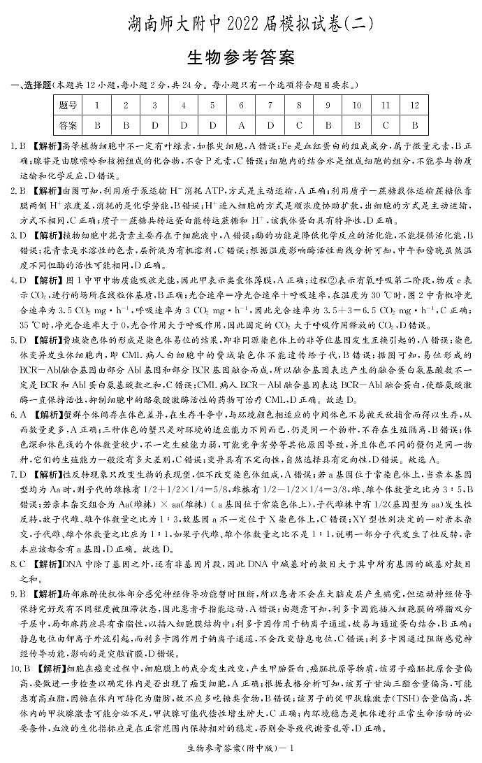 2022湖南师大附中高三下学期二模试题（第九次）生物PDF版含解析01