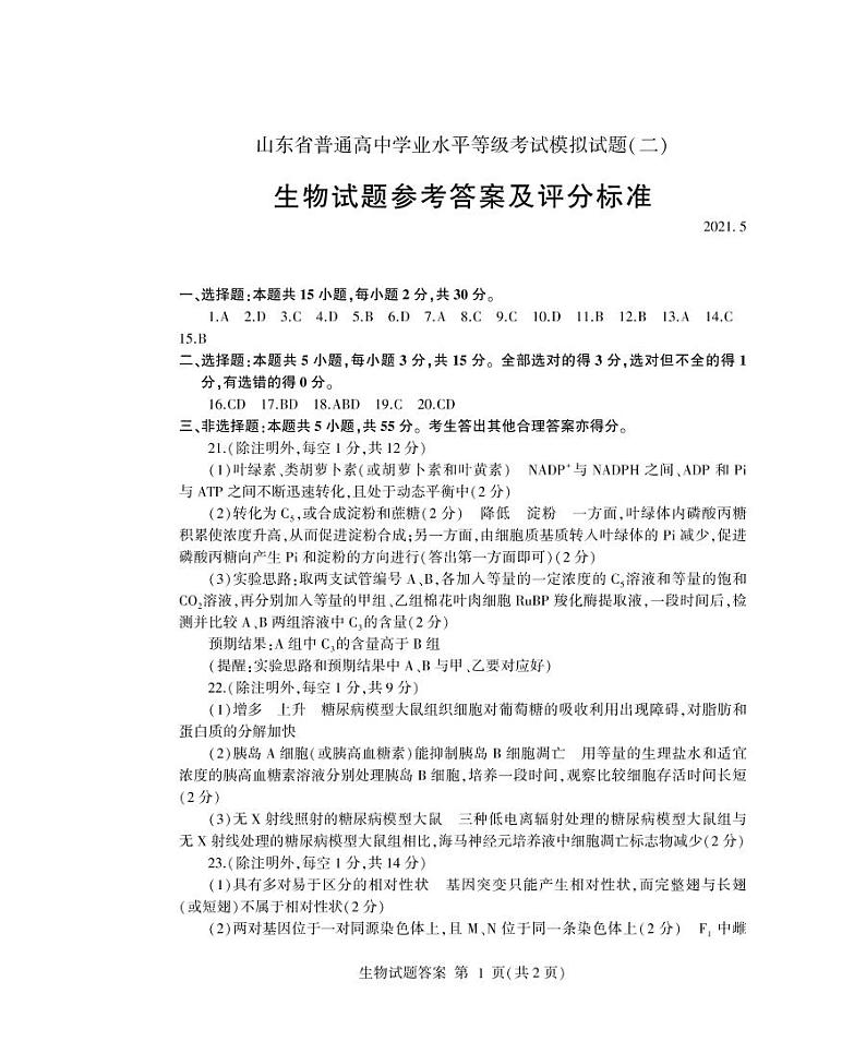 2021年山东省临沂市高三第二次模拟考试生物卷及答案01
