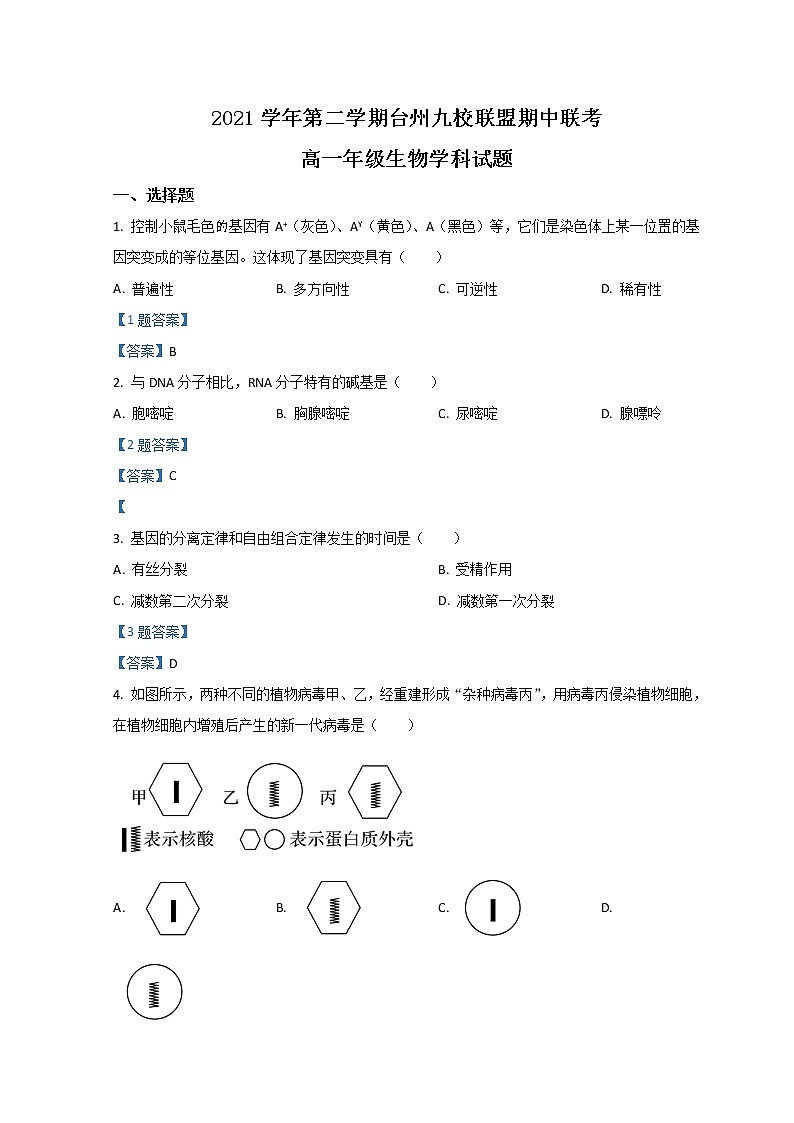2022台州九校联盟高一下学期期中考试生物含答案01