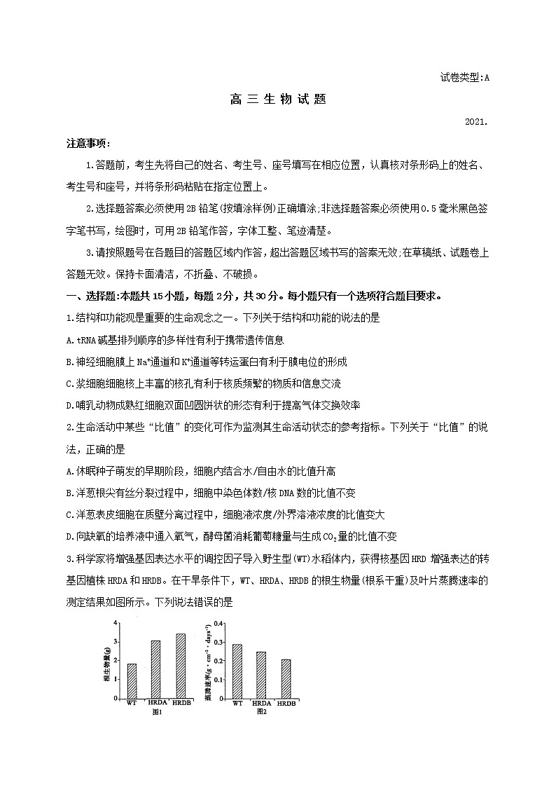 2021年山东省滨州市高三第二次模拟考试生物卷及答案01