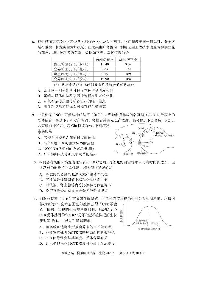 2022年北京西城区高三模拟测试试卷生物试卷含答案（西城高三二模）第3页