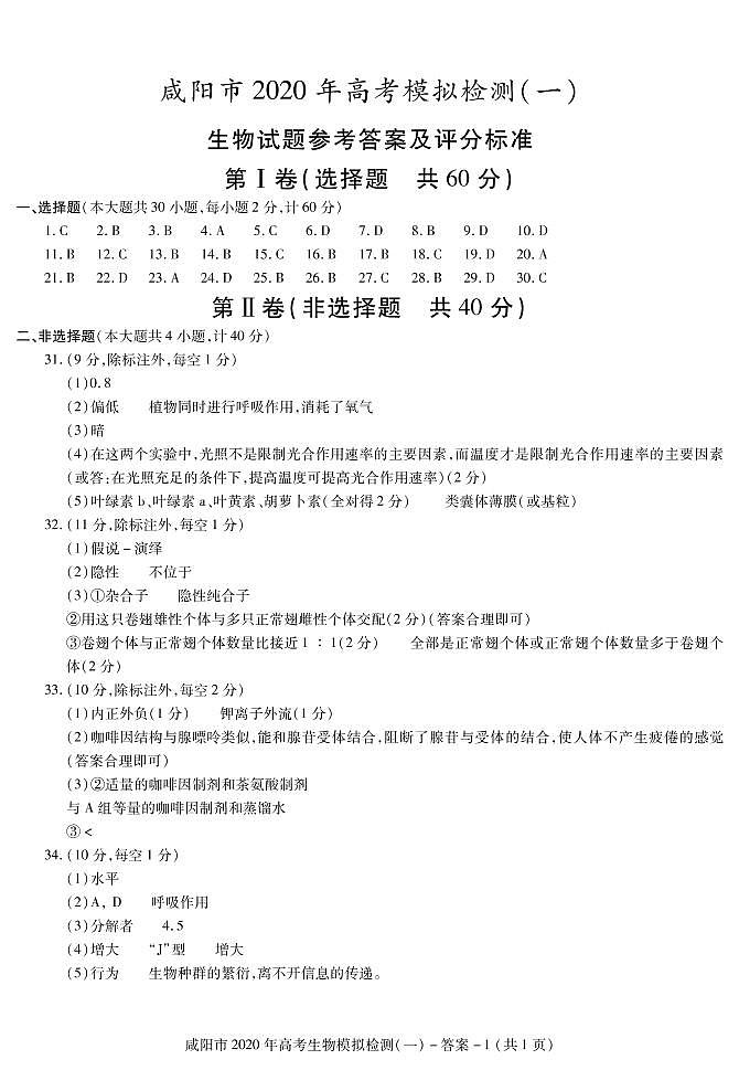 2020年陕西省咸阳市高三第一次模拟考试生物卷及答案01