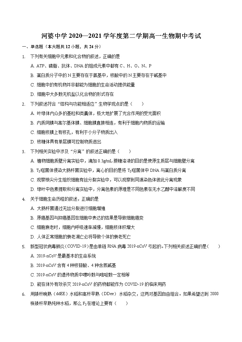 2021揭阳揭西县河婆中学高一下学期期中生物试题含答案01