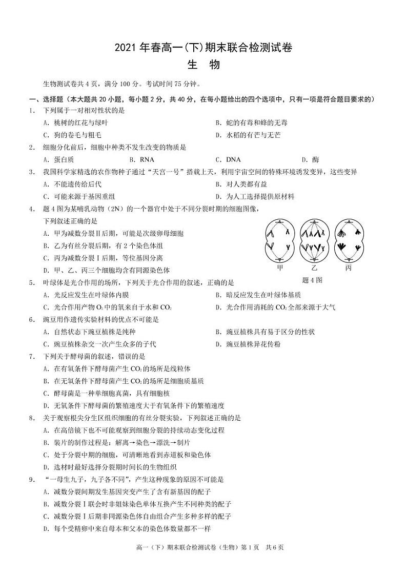 2021重庆市（康德教育）高一下学期期末联合检测生物试题PDF版含答案01