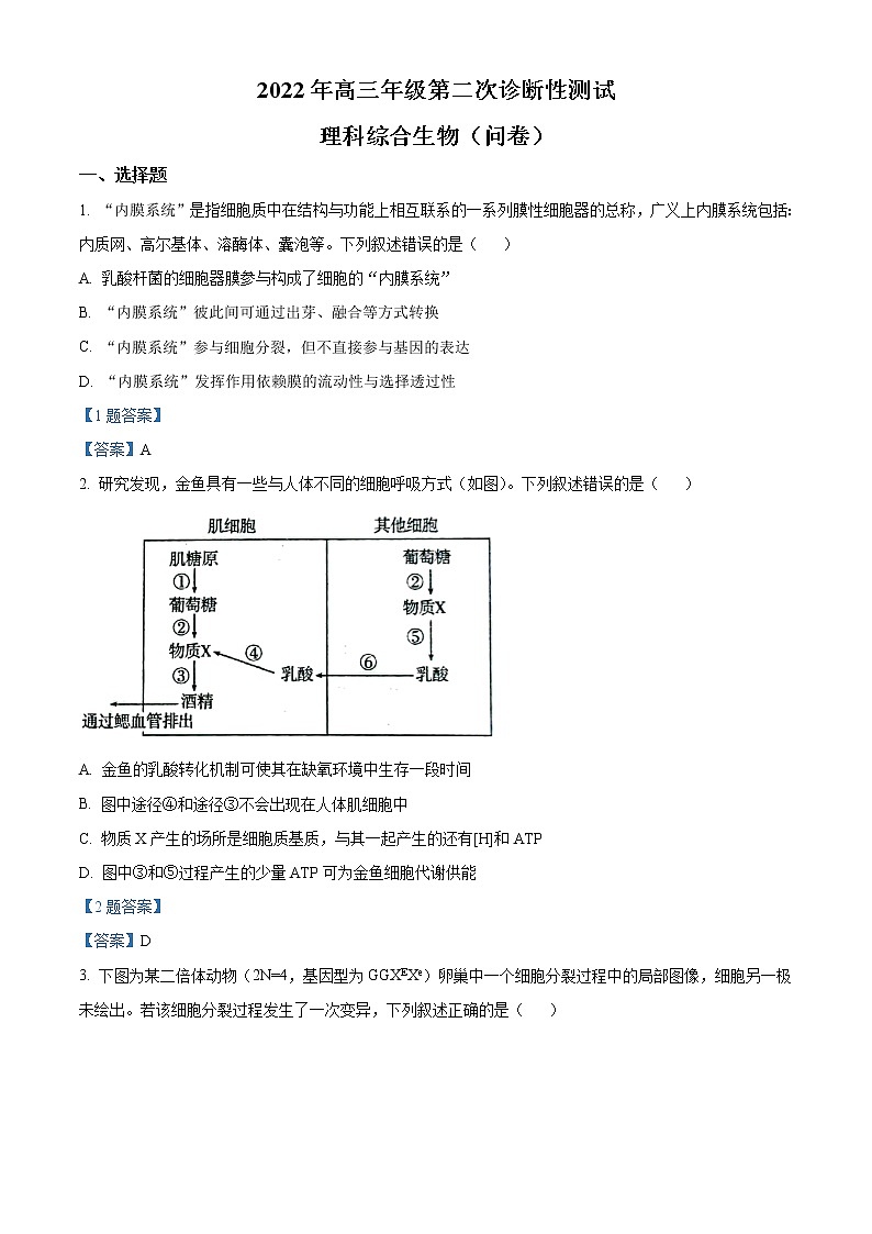 2022维吾尔自治区高三年级第二次诊断性测试理综生物含答案第1页