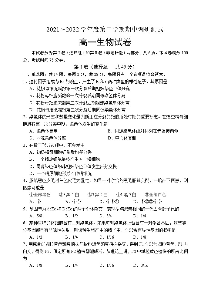 2022宿迁沭阳县高一下学期期中生物试题含答案01