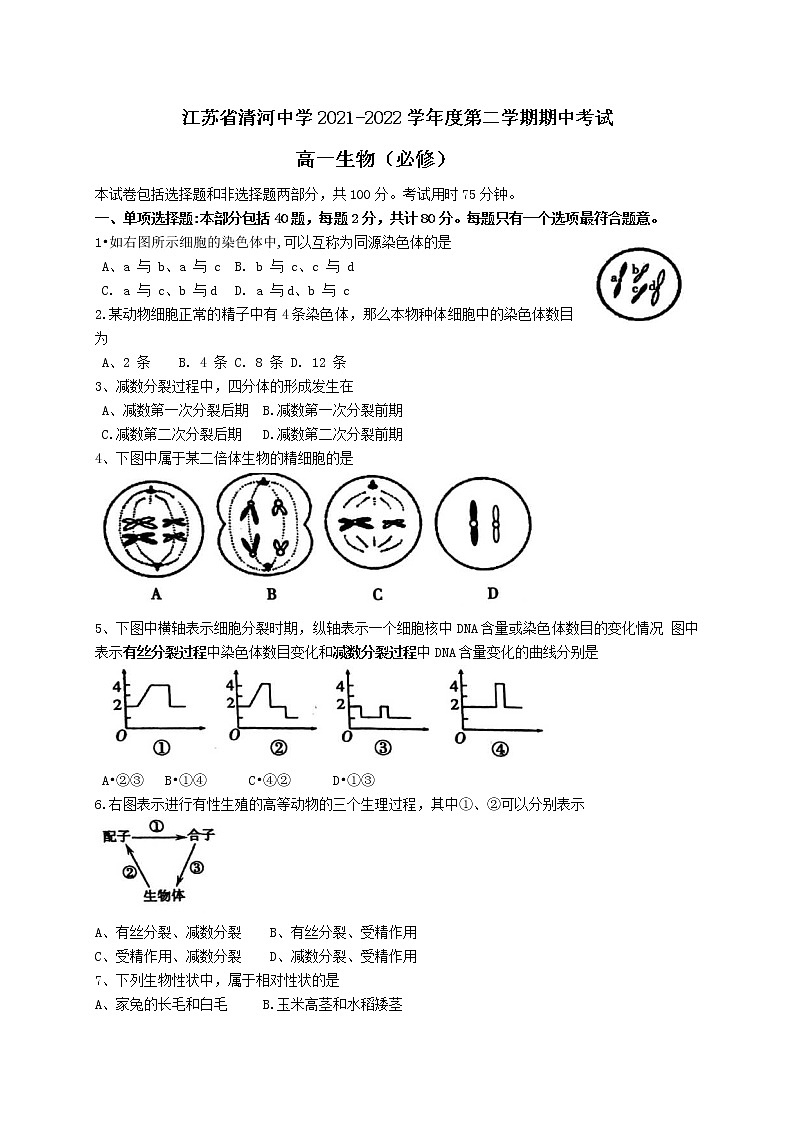 江苏省清河中学2021-2022学年高一下学期期中生物试题（必修）（含答案）01