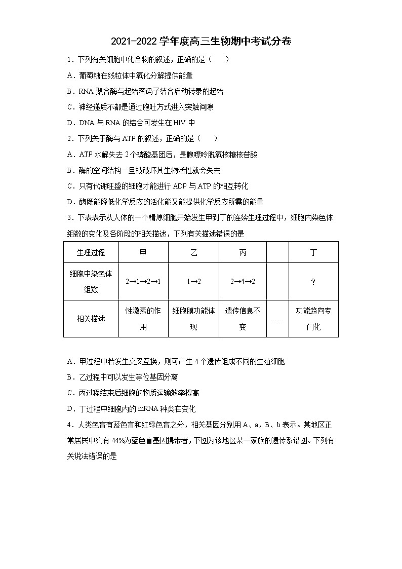 安徽省滁州市定远县民族中学2021-2022学年高三下学期期中考试理科综合生物试题（含答案）01