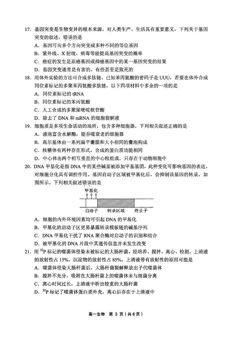 2021绍兴柯桥区高一下学期期末生物试题PDF版含答案03