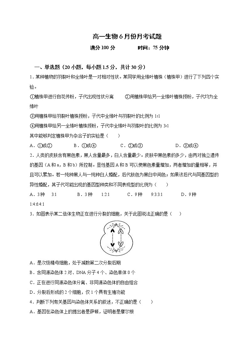2021辽宁省北镇市满族高级中学高一下学期6月月考生物试题含答案第1页