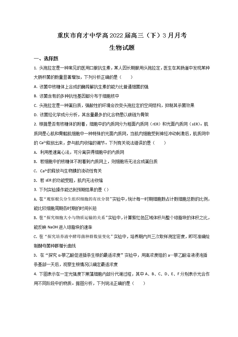 2022重庆市育才中学校高三下学期3月月考生物试题含答案01