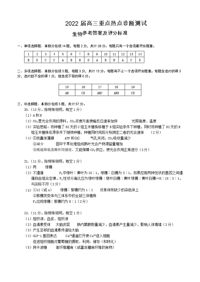 2022届江苏省新高考基地学校高三下学期第三次大联考试题（3月） 生物 PDF版01