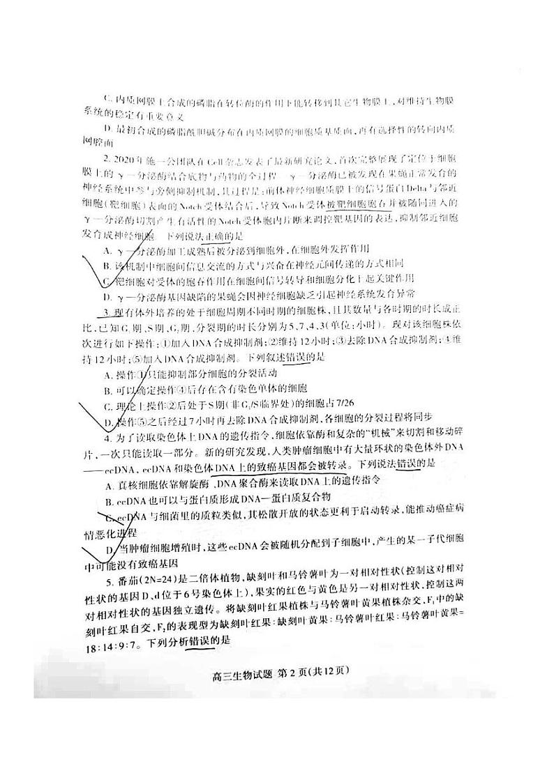 2022年山东泰安高三三模  生物试卷及答案第2页