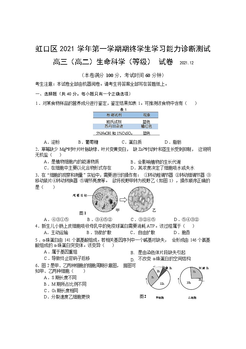 2021.12虹口区高中生物一模试卷（解析版）第1页