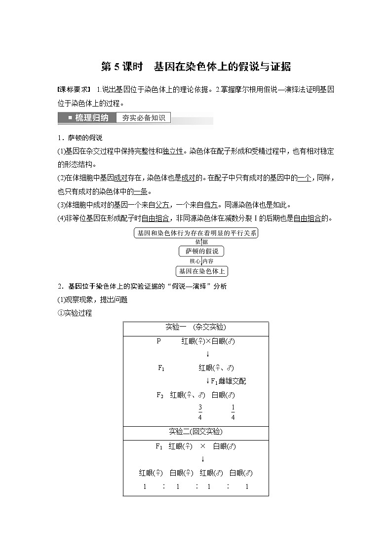 2023版步步高生物一轮复习讲义第五单元 第5课时　基因在染色体上的假说与证据第1页