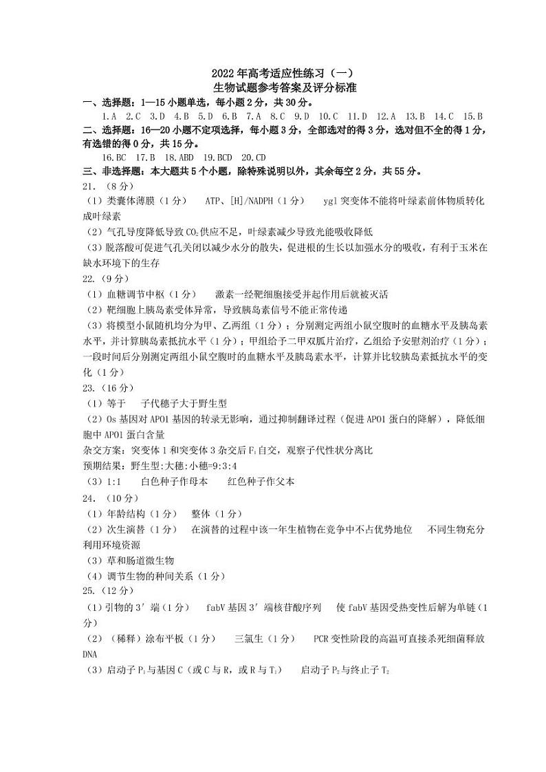 2022届山东省枣庄市烟台市联考高三下学期高考适应性练习（三模）生物试题 PDF01