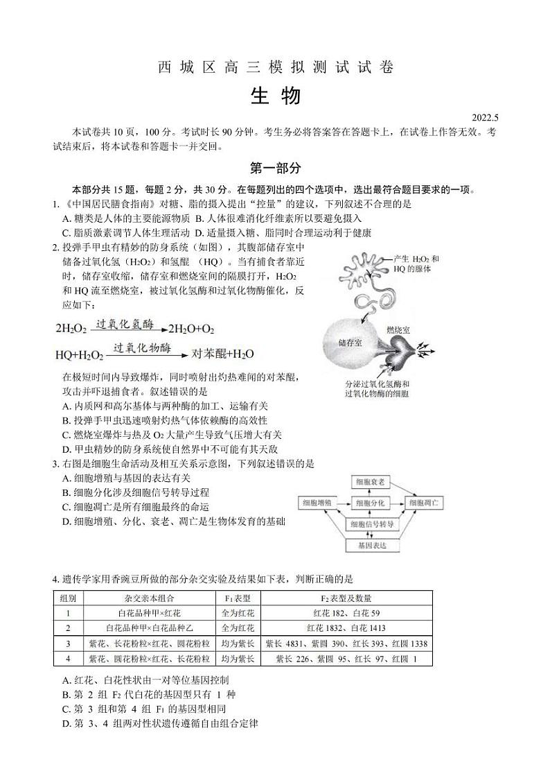 北京市西城区2022届高三下学期二模考试生物试题  Word版无答案第1页