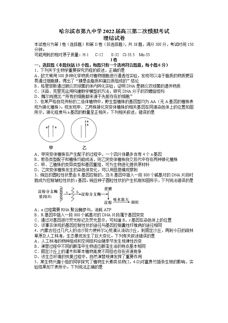 2022届黑龙江省哈尔滨市第九中学高三下学期第二次模拟考试理综生物试题01