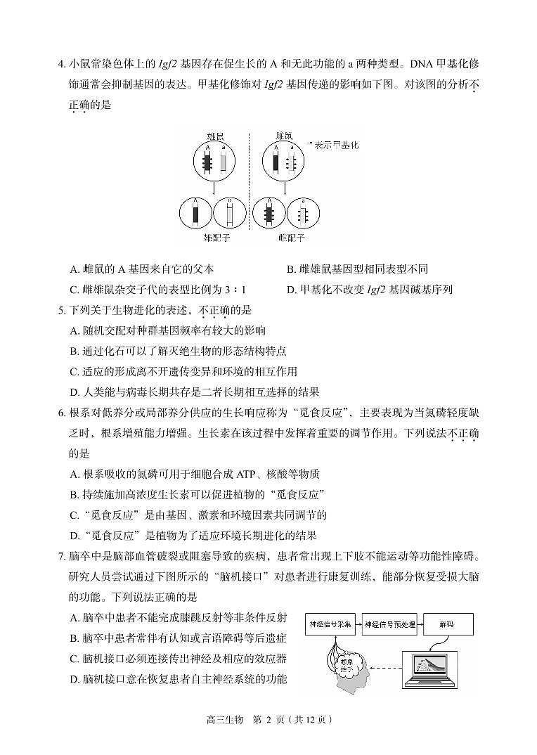 2022北京丰台区高三下学期二模考试生物试题PDF版无答案02