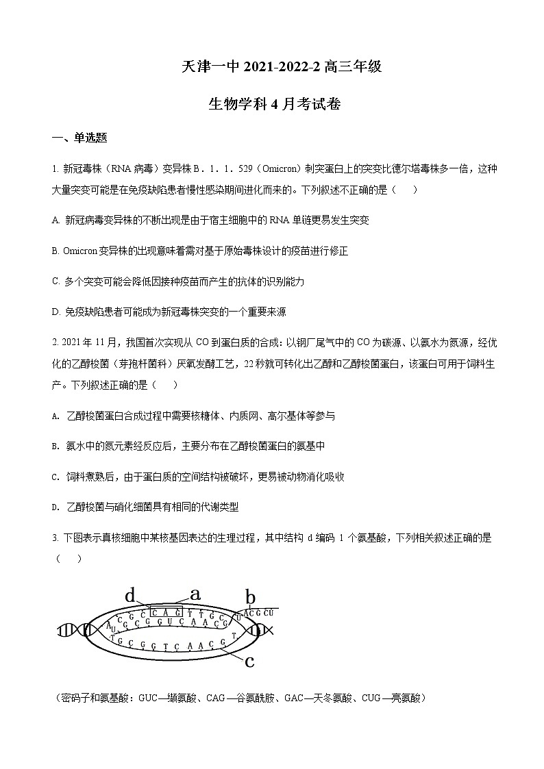 2022届天津市第一中学高三下学期4月月考生物试题含解析第1页