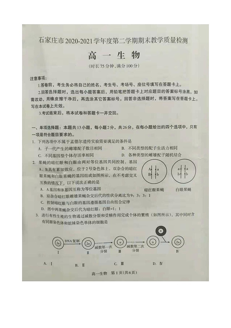 石家庄市2020-2021学年度第二学期期末教学质量检测高一生物试卷第1页