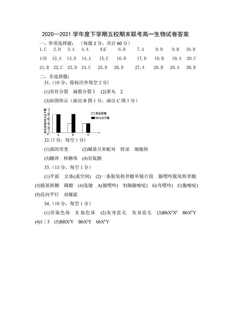 黑龙江省嫩江市第一中学校等五校2020-2021学年高一下学期期末考试生物答案第1页