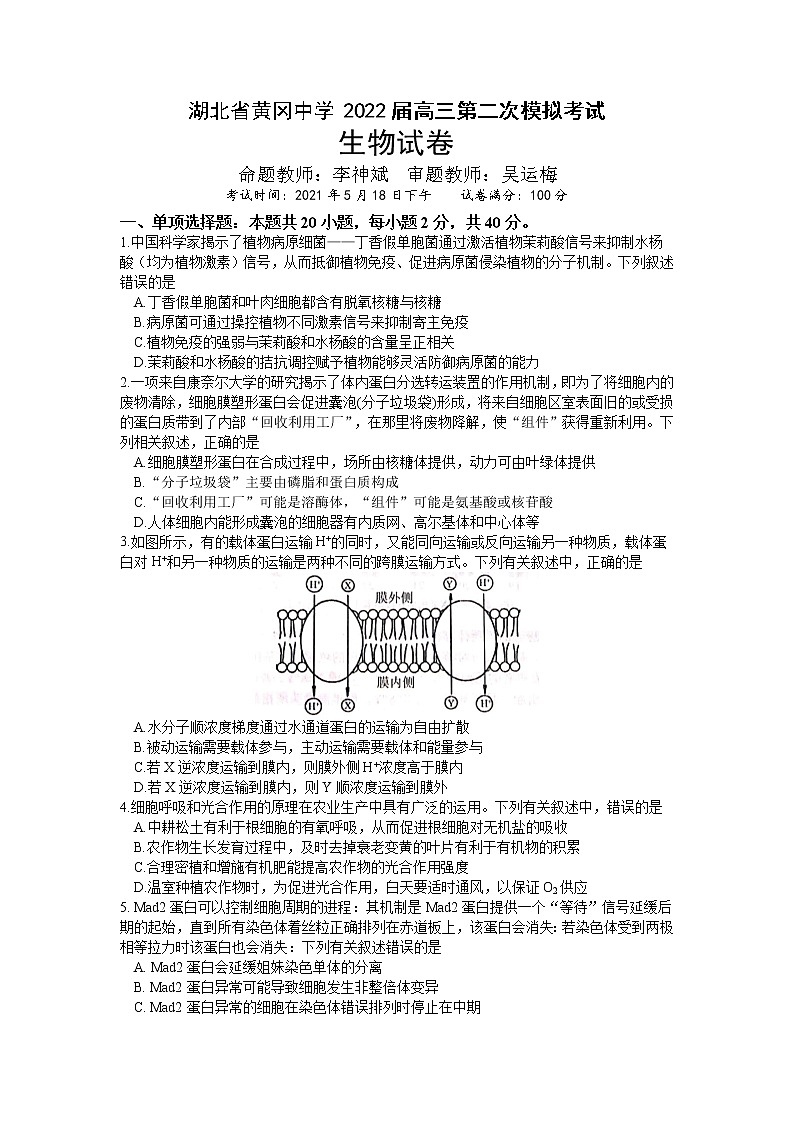 2022黄冈中学高三二模考试生物（含答案、答题卡）01