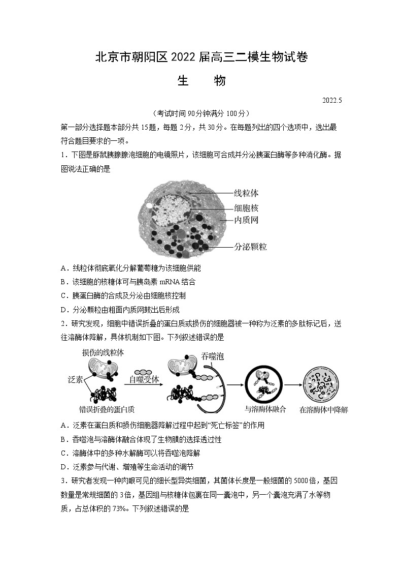 2022年北京市朝阳区高三下高考二模生物试卷（含答案）第1页