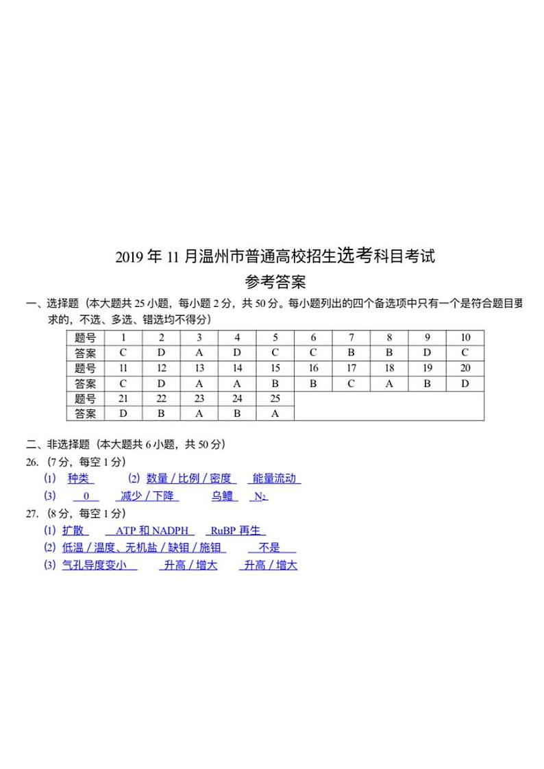 2020届浙江省温州市高三11月普通高中高考适应性测试一模生物试题 PDF版01