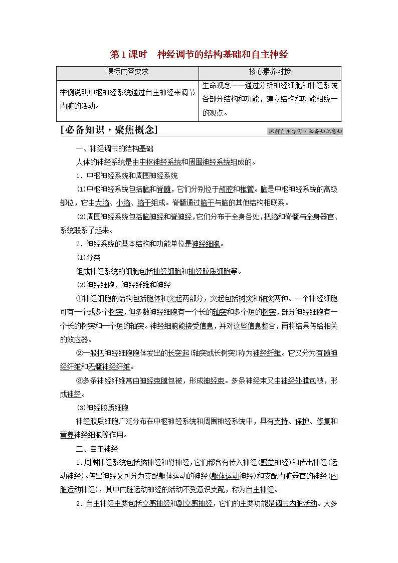苏教版高中生物选择性必修1第一章人体稳态维持的生理基础第1节第1课时神经调节的结构基础和自主神经学案01