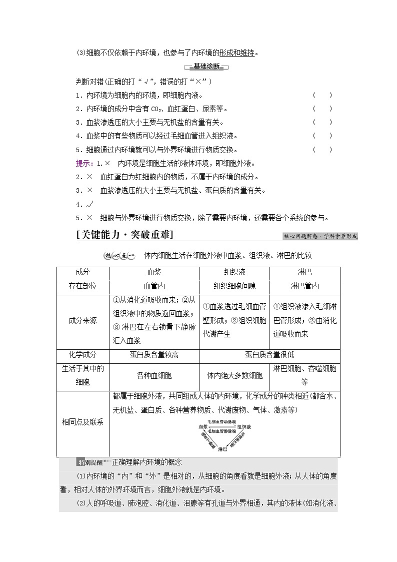 苏教版高中生物选择性必修1第二章人体内环境与稳态第1节内环境的稳态学案03
