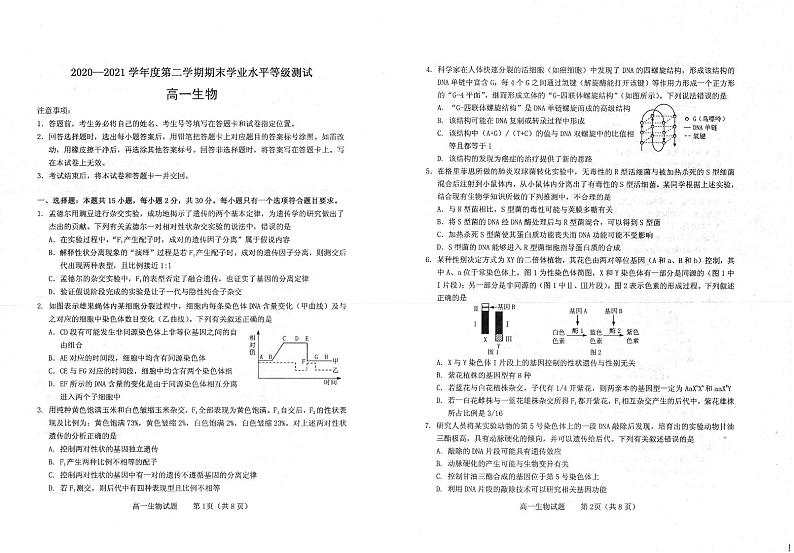 山东省招远市第一中学2020-2021学年高一第二学期期末学业水平诊断生物试卷（扫描版）第1页