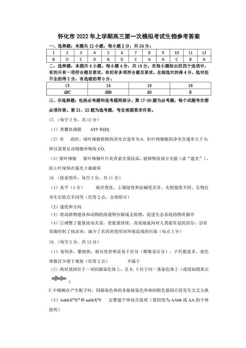 2022怀化高三第一次模拟考试生物试卷含答案01