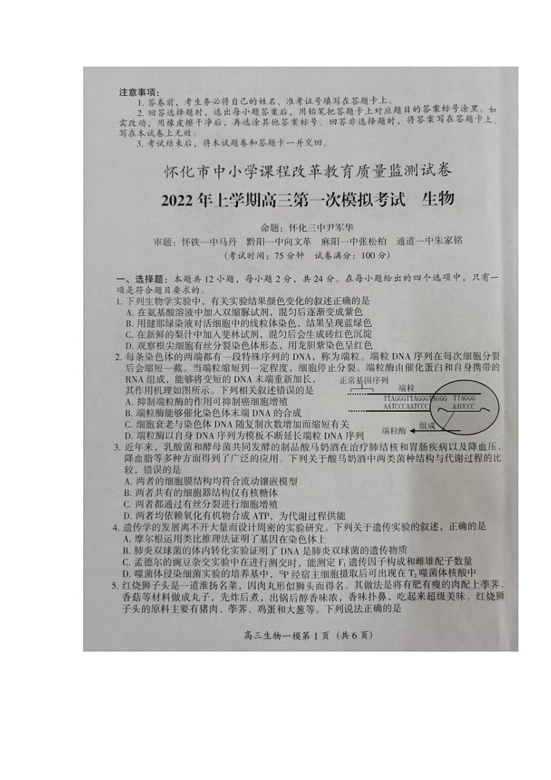 2022怀化高三第一次模拟考试生物试卷含答案01