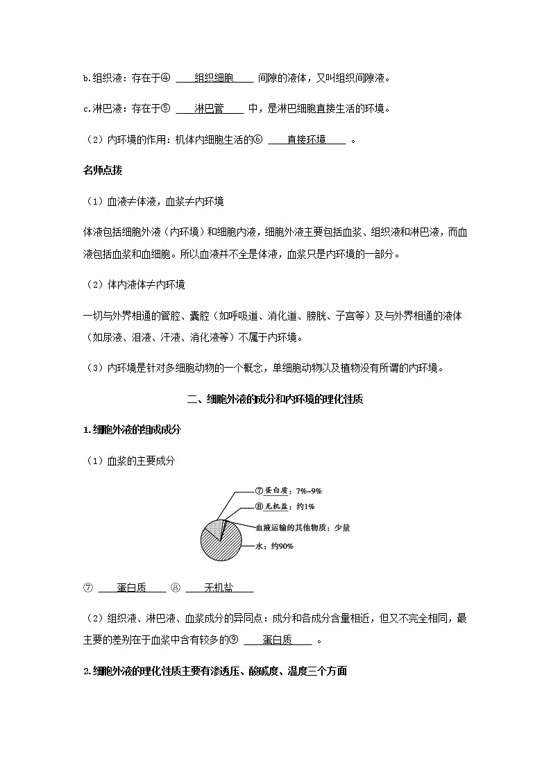 新人教版高中生物选择性必修第一册第1章人体的内环境与稳态第1节细胞生活的环境学案02