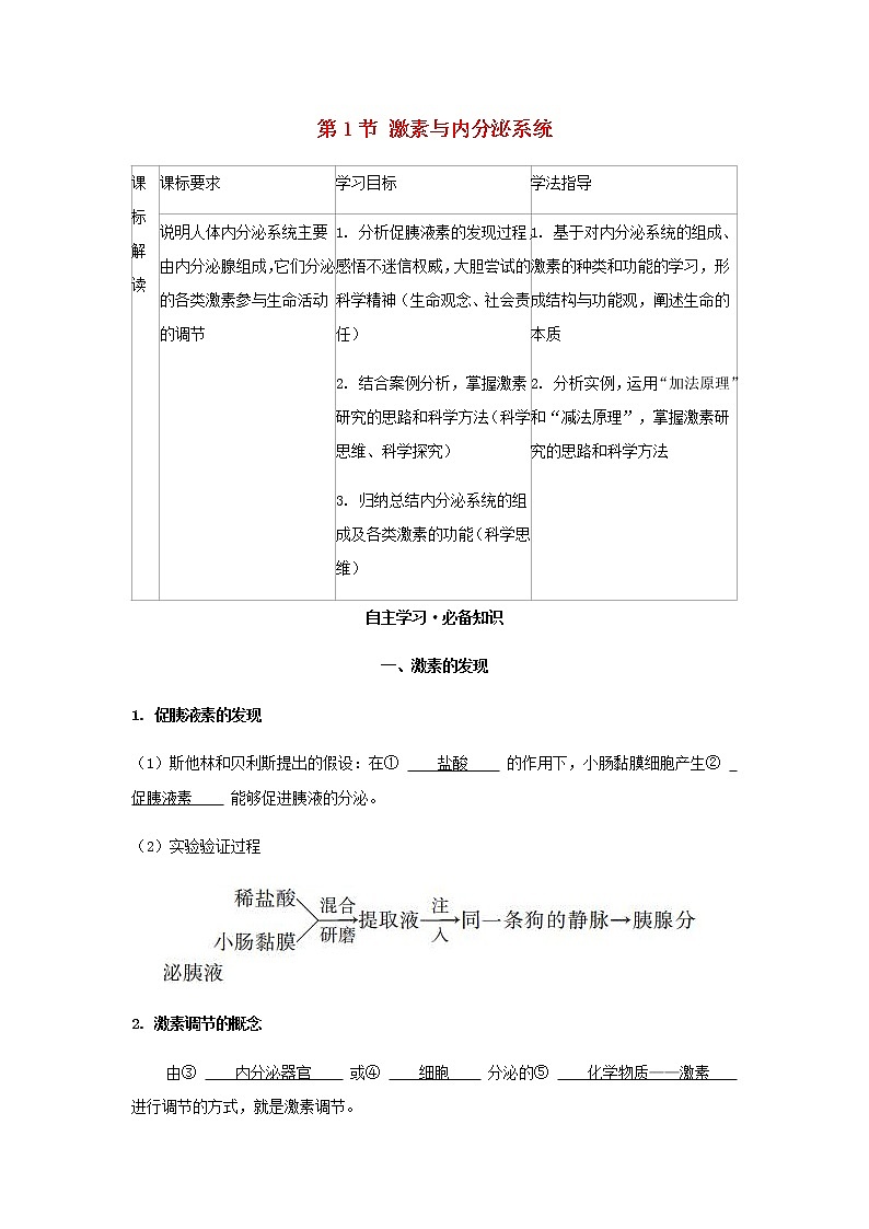 新人教版高中生物选择性必修第一册第3章体液调节第1节激素与内分泌系统学案01