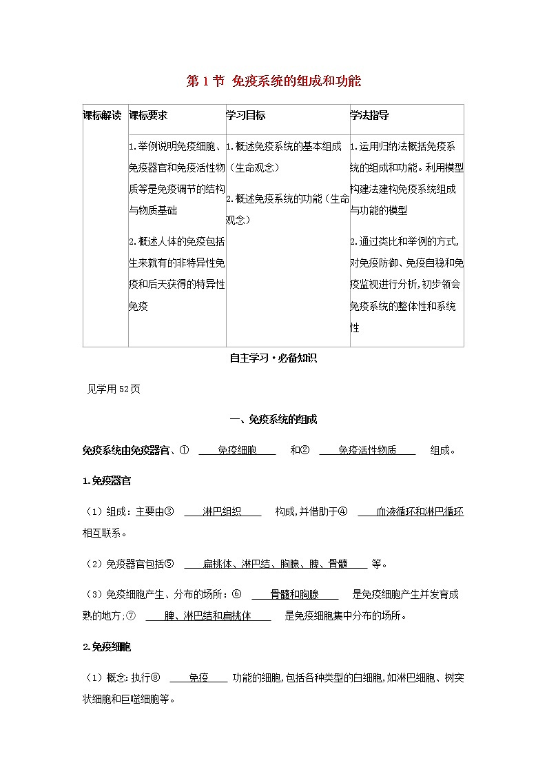 新人教版高中生物选择性必修第一册第4章免疫调节第1节免疫系统的组成和功能学案第1页